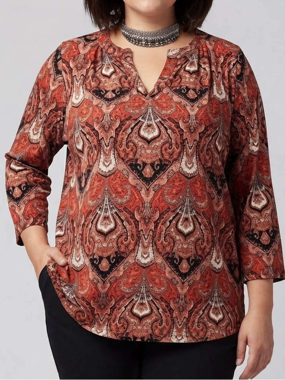 ROZ & ALI Orange Blouse Large Stretch